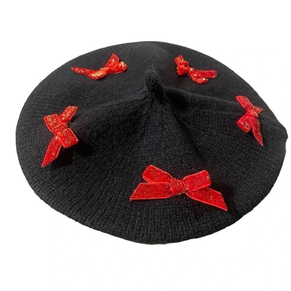 Girls back red Beret bows hat ribbon cap knit hair accessories